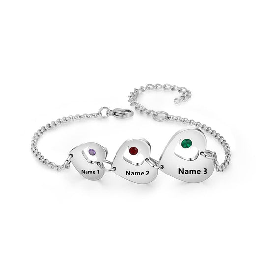 Luxladis Personalized Custom Name Heart Bracelet with 1-6 Birthstones Love Bracelet for Women Engraved Names Link Bracelets for Mother's Day Mom (3 names)