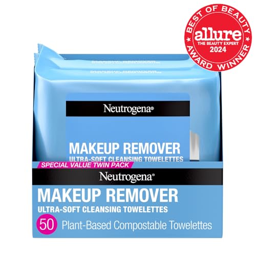 Neutrogena Makeup Remover Wipes, Ultra-Soft Cleansing Facial Towelettes for Waterproof Makeup, Alcohol-Free, Plant-Based, Twin Pack, 25 Count (Pack of 2)