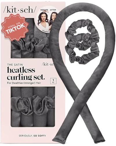 Kitsch Satin Heatless Curling Set for No-Heat Soft Curls | Overnight Hair Curlers & Curling Rod Headband, Frizz-Free Styling | Gentle Rollers for All Hair Types - 1 Pack (Charcoal)