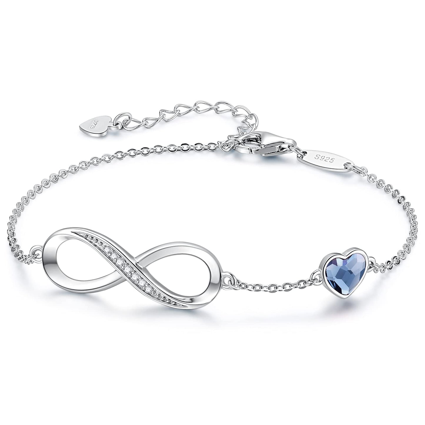 CDE Infinity Heart Symbol Charm Link Bracelet for Women 925 Sterling Silver Stainless Steel Adjustable Mother's Day Gift Anniversary Jewelry Birthday Gifts for Women Wife Girlfriend Her (Sliver-Blue, Sterling Silver)