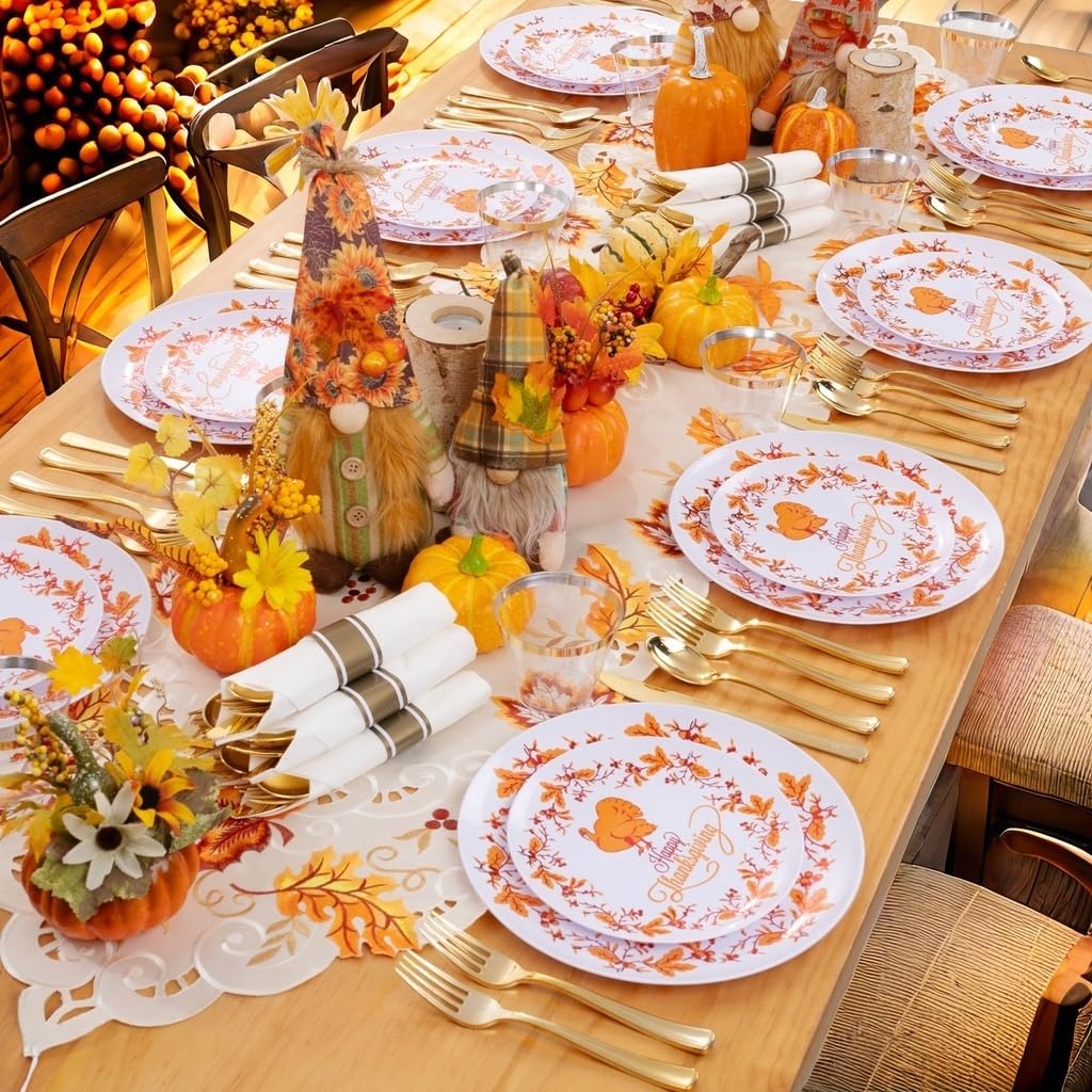 Joyido 175PCS Thanksgiving Plastic Plates - Thanksgiving Turkey Plates - Include 50 Plastic Plates, 25 Gold Forks, 25 Gold Spoons, 25 Gold Knives, 25 Cups, 25 Napkin for Thanksgiving