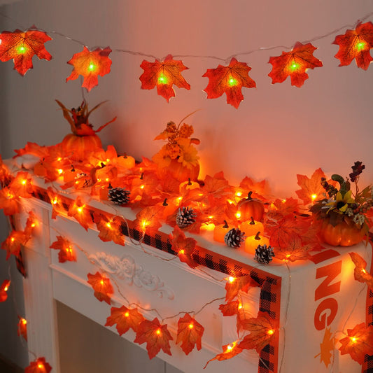 YEGUO 2 PCS Fall Decorations for Home, Thanksgiving Lights Battery Operated, Total 20ft 40 LED Lighted Fall Garland Maple Leaves for Halloween Holiday Autumn Harvest Fall Thanksgiving Decor