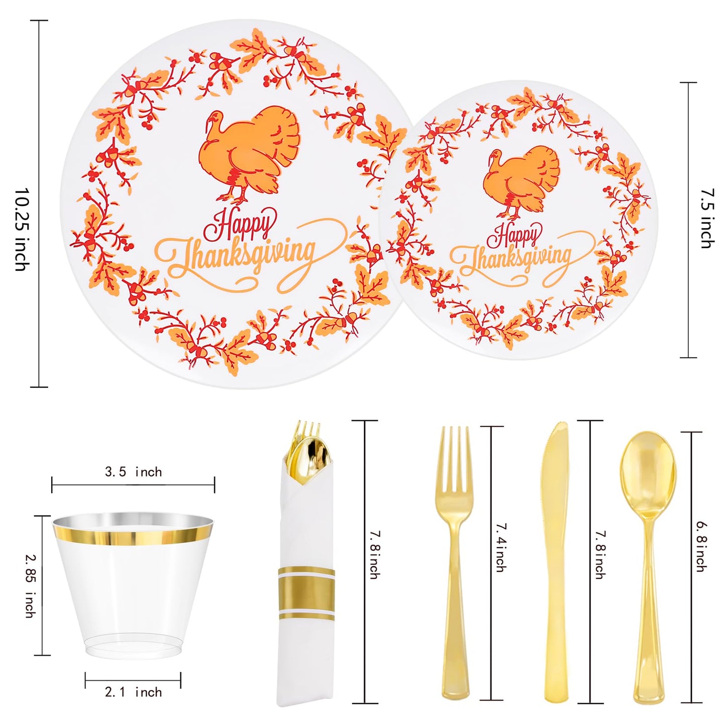 Joyido 175PCS Thanksgiving Plastic Plates - Thanksgiving Turkey Plates - Include 50 Plastic Plates, 25 Gold Forks, 25 Gold Spoons, 25 Gold Knives, 25 Cups, 25 Napkin for Thanksgiving