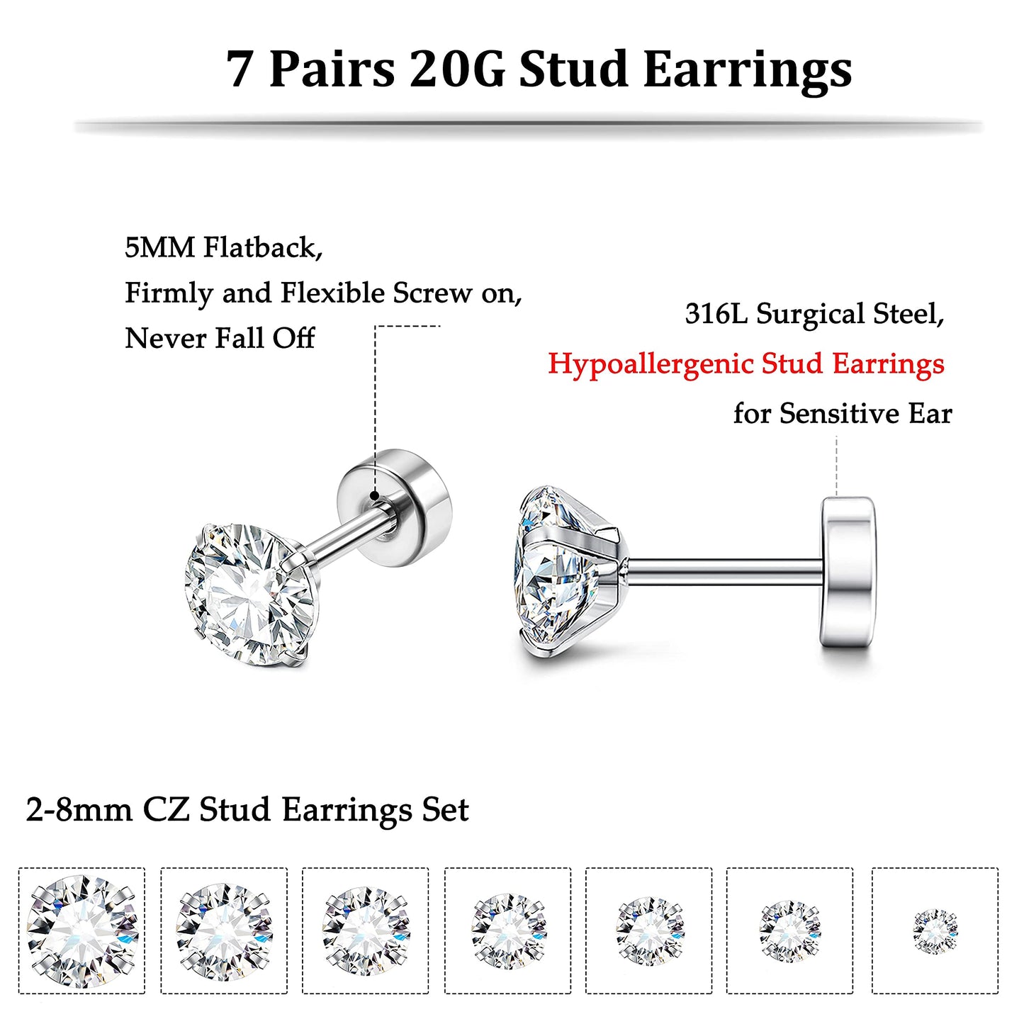 Fansilver 20G Hypoallergenic Flat Back Earrings for Women Men Silver 14K Gold Stainless Steel Stud Earrings Brithstone Cubic Zirconia Studs Surgical Steel Cartilage Earrings for Sensitive Ears