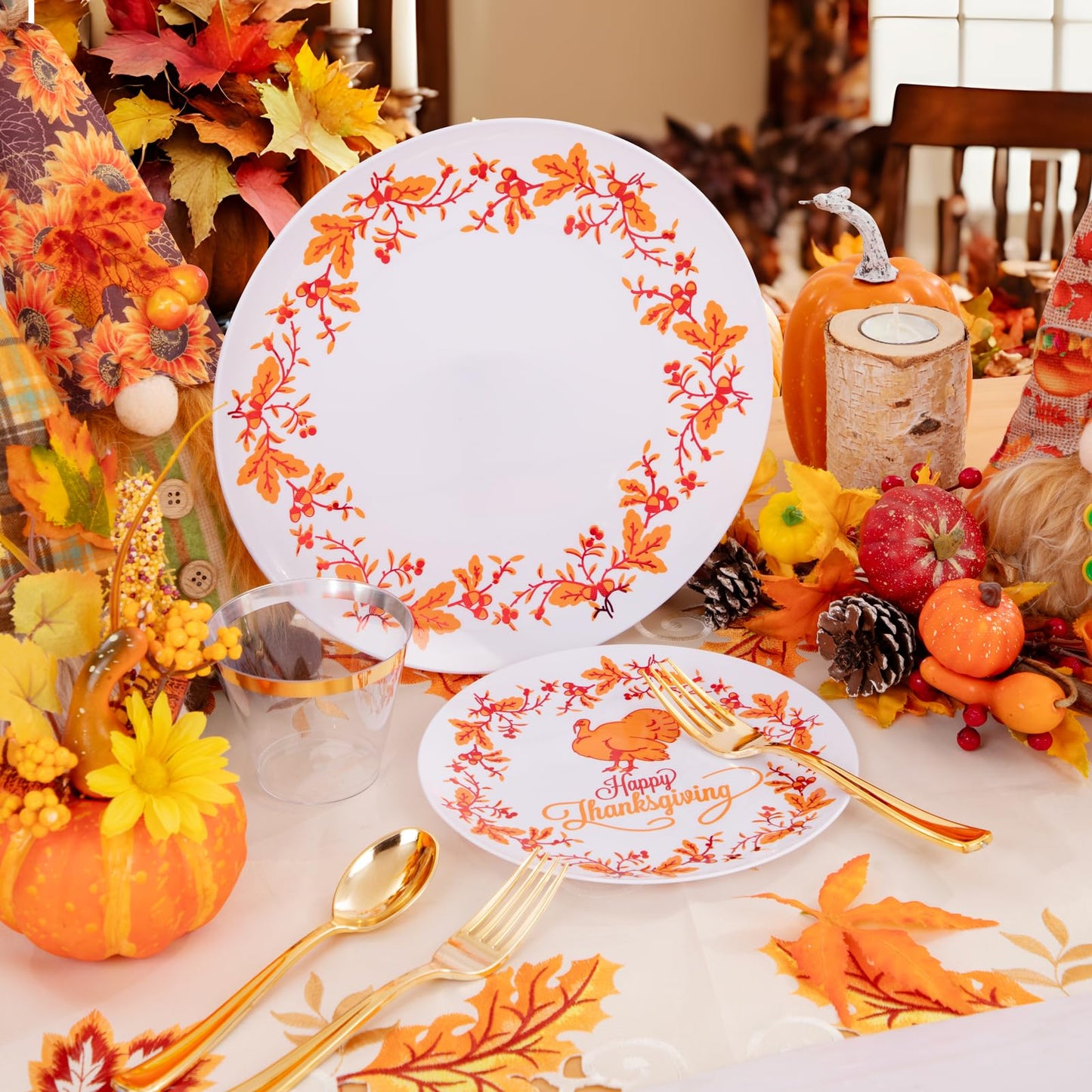 Joyido 175PCS Thanksgiving Plastic Plates - Thanksgiving Turkey Plates - Include 50 Plastic Plates, 25 Gold Forks, 25 Gold Spoons, 25 Gold Knives, 25 Cups, 25 Napkin for Thanksgiving